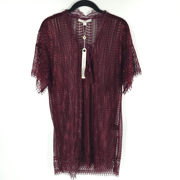 NWT JONATHAN SIMKHAI Tunic Lace Applique SS Tie V Neck Cabernet Top Size SMALL - Picture 4 of 13